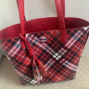 Red and black plaid bucket purse